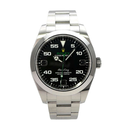 Rolex Oyster Perpetual Air-King 116900 Edelstahl Uhr mit schwarzem Zifferblatt und arabischen Ziffern.