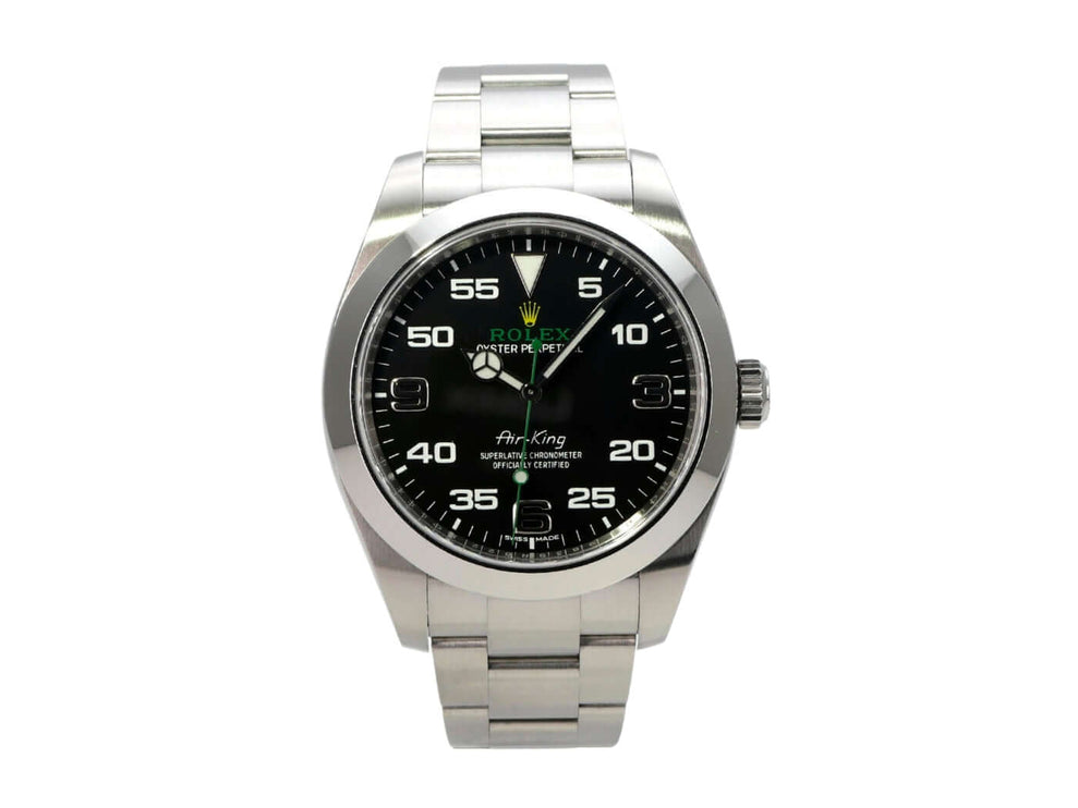 Rolex Oyster Perpetual Air-King 116900 Edelstahl Uhr mit schwarzem Zifferblatt und arabischen Ziffern.