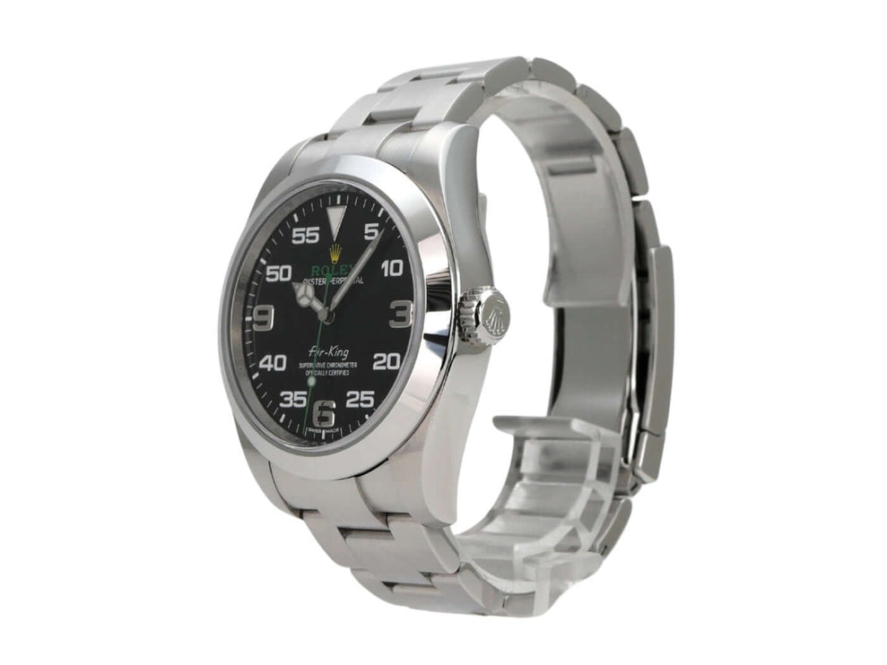 Rolex Oyster Perpetual Air-King 116900 mit schwarzem Zifferblatt und Edelstahlarmband.