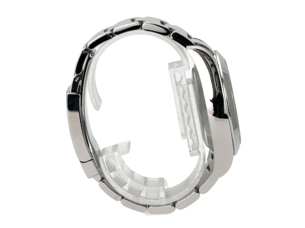 Rolex Oyster Perpetual Air-King 116900 Uhr aus Edelstahl, seitliche Ansicht mit polierter Oberfläche und Faltschließe.