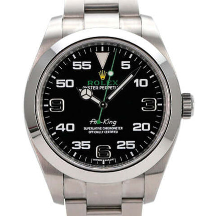 Rolex Oyster Perpetual Air-King 116900 mit schwarzem Zifferblatt und Edelstahlarmband.