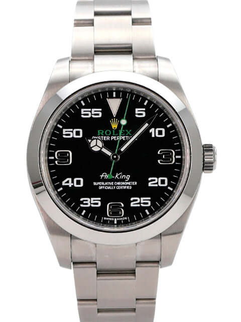Rolex Oyster Perpetual Air-King 116900 mit schwarzem Zifferblatt und Edelstahlarmband.