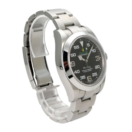 Rolex Oyster Perpetual Air-King 116900 mit Edelstahlgehäuse und schwarzem Zifferblatt, seitliche Ansicht.