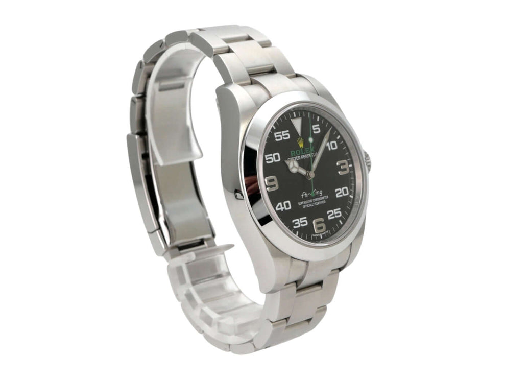 Rolex Oyster Perpetual Air-King 116900 mit Edelstahlgehäuse und schwarzem Zifferblatt, seitliche Ansicht.