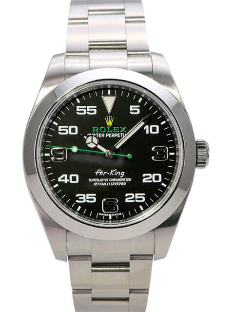 Rolex Oyster Perpetual Air-King 116900 mit schwarzem Zifferblatt und Edelstahlarmband, 40 mm Gehäuse.