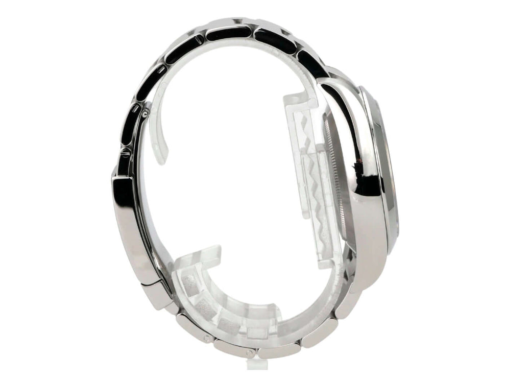 Rolex Oyster Perpetual Air-King 116900 seitliche Ansicht des Edelstahlarmbands und Gehäuses.