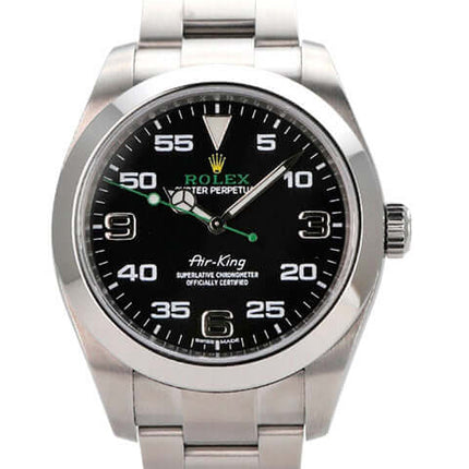 Rolex Oyster Perpetual Air-King 116900, Edelstahlarmband, schwarzes Zifferblatt mit arabischen Ziffern, 40 mm Gehäuse.