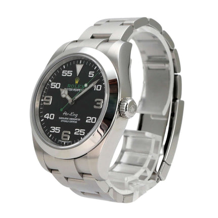 Rolex Oyster Perpetual Air-King 116900 mit schwarzem Zifferblatt und Edelstahlarmband im Hochglanz-Finish.