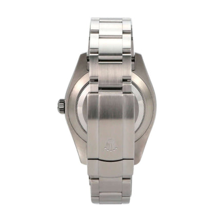 Rolex Oyster Perpetual Air-King 116900, Rückansicht, poliertes Edelstahlarmband, klassische Oberflächenbehandlung.