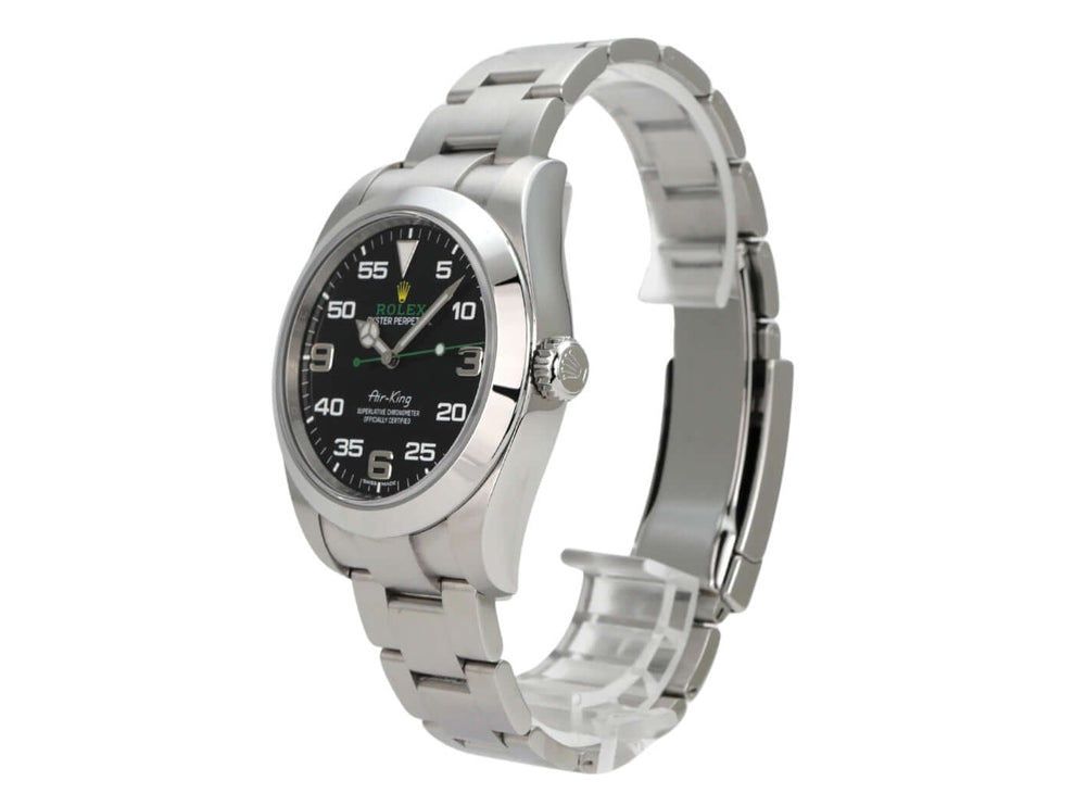 Rolex Oyster Perpetual Air-King 116900 mit schwarzem Zifferblatt und Edelstahlarmband, 40 mm Gehäuse.