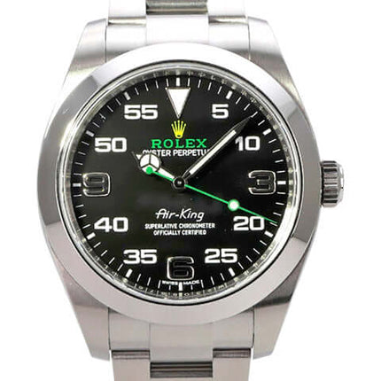 Rolex Oyster Perpetual Air-King 116900 in Edelstahl mit schwarzem Zifferblatt und arabischen Ziffern.