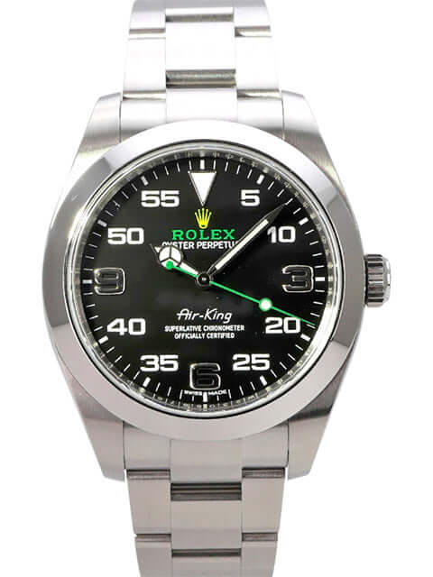 Rolex Oyster Perpetual Air-King 116900 in Edelstahl mit schwarzem Zifferblatt und arabischen Ziffern.