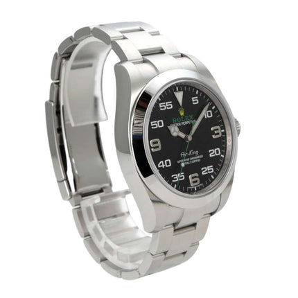 Rolex Oyster Perpetual Air-King 116900 mit polierter Edelstahl-Lünette und schwarzem Zifferblatt.