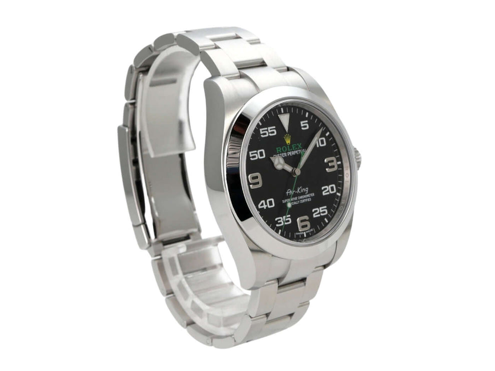 Rolex Oyster Perpetual Air-King 116900 mit polierter Edelstahl-Lünette und schwarzem Zifferblatt.
