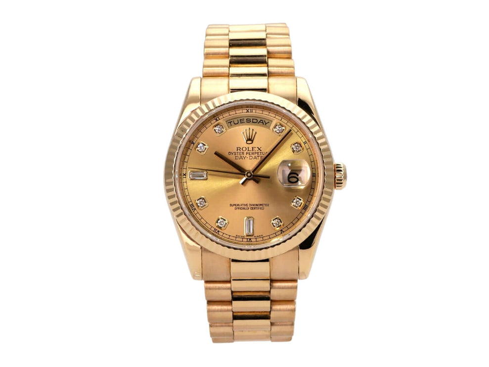 Rolex Day-Date 36 Gelbgold 118238 Champagner Diamant mit champagnerfarbenem Zifferblatt und Diamanten.