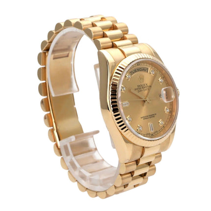 Rolex Day-Date 36 Gelbgold 118238 Champagner Diamant, elegante Automatikuhr mit Diamantzifferblatt und Gelbgold-Armband.