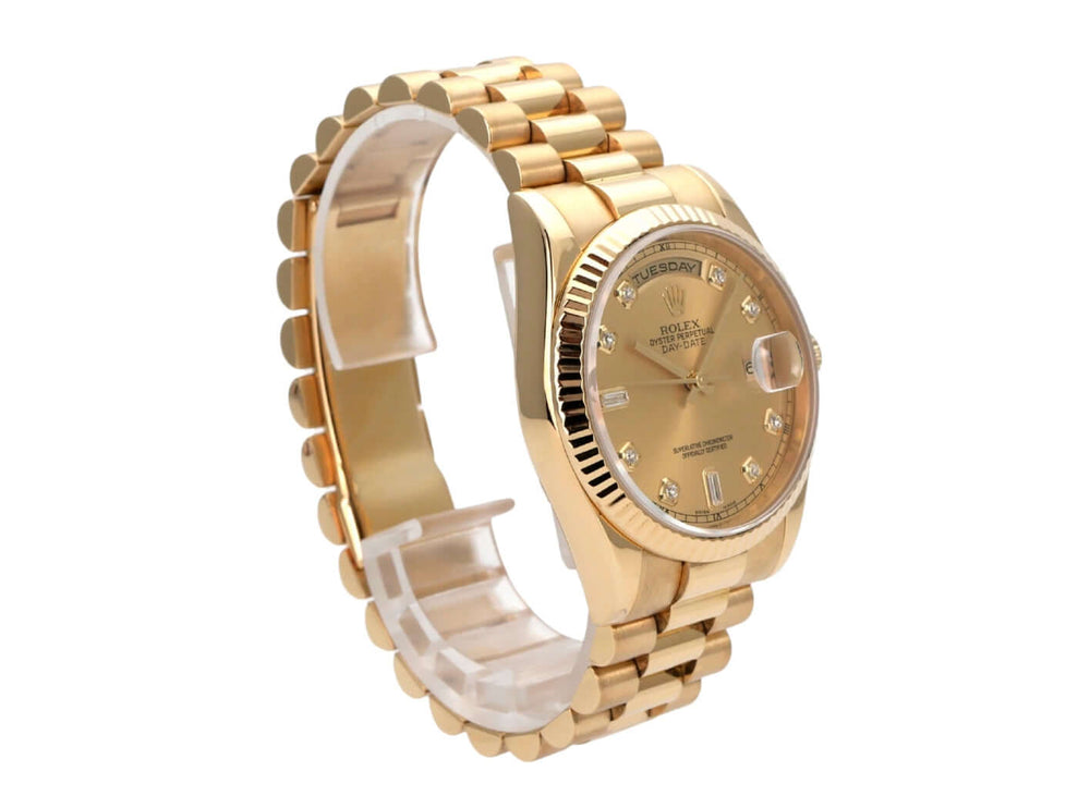 Rolex Day-Date 36 Gelbgold 118238 Champagner Diamant, elegante Automatikuhr mit Diamantzifferblatt und Gelbgold-Armband.