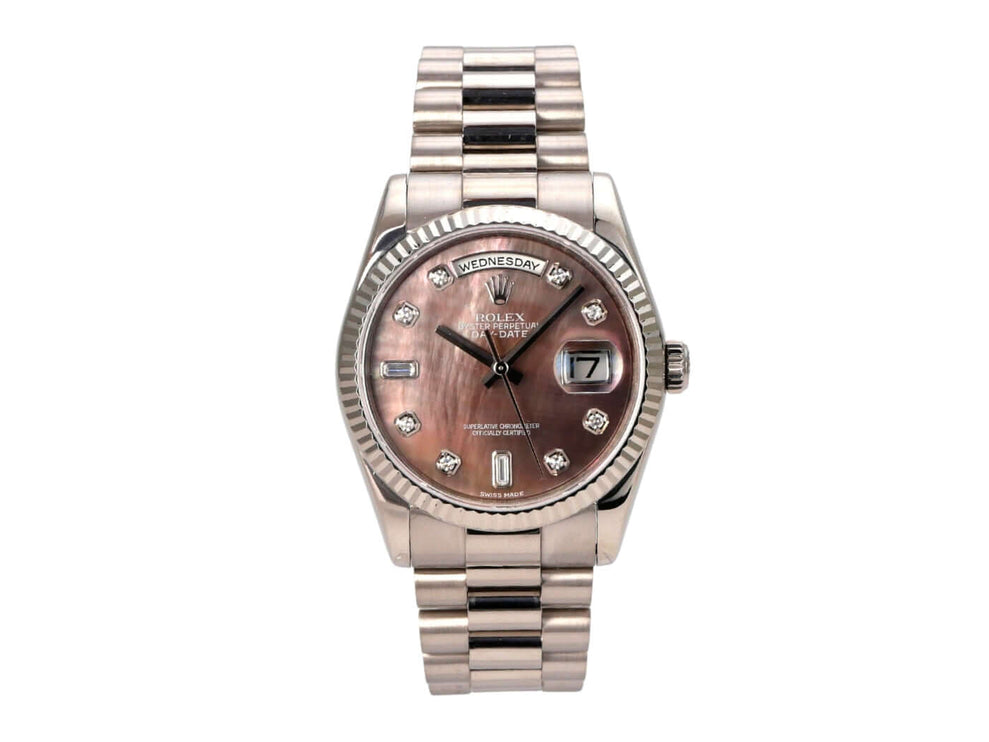Rolex Day-Date 36 118239 Weißgold Perlmutt Diamant, Luxusarmbanduhr mit Präsident Armband und Diamantzifferblatt