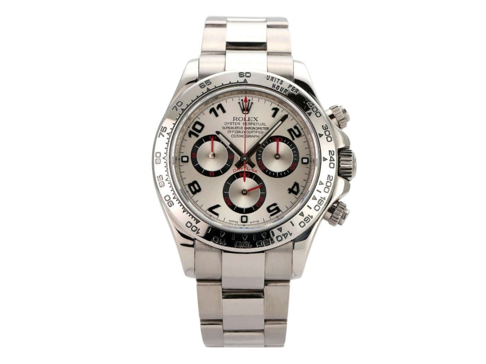 Rolex Cosmograph Daytona 116509 aus 18 kt Weißgold mit silberfarbenem Zifferblatt und Tachymeterskala