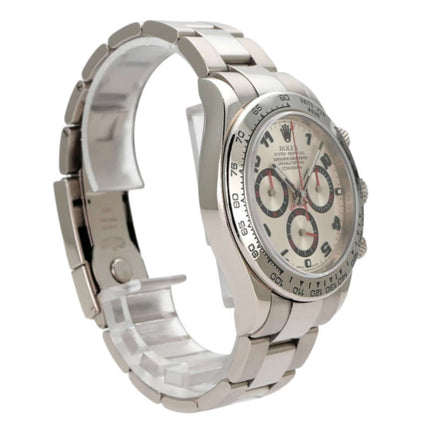 Rolex Cosmograph Daytona 116509 aus 18 kt Weißgold, silberfarbenes Zifferblatt, poliertes und satinierter Armband.