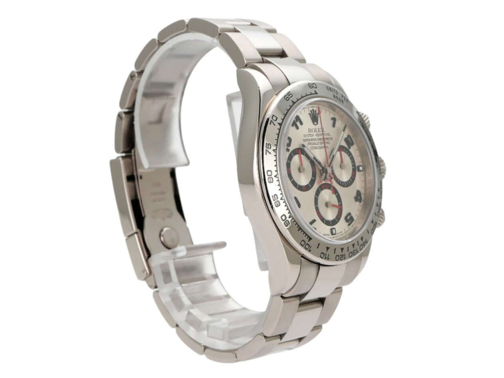 Rolex Cosmograph Daytona 116509 aus 18 kt Weißgold, silberfarbenes Zifferblatt, poliertes und satinierter Armband.