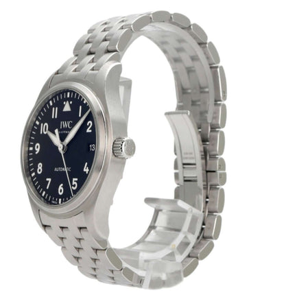 IWC Fliegeruhr Automatik 36 IW324010 aus Edelstahl mit schwarzem Zifferblatt und Armband, 36 mm Gehäuse.
