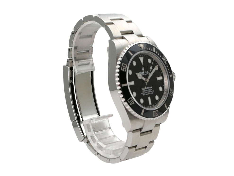 Rolex Submariner 124060 No Date mit Edelstahlarmband und schwarzem Zifferblatt, seitliche Ansicht.