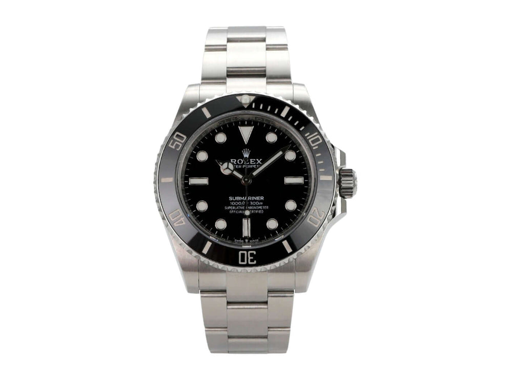Rolex Submariner 124060 No Date, Edelstahlgehäuse, schwarze Keramiklünette und schwarzes Zifferblatt.