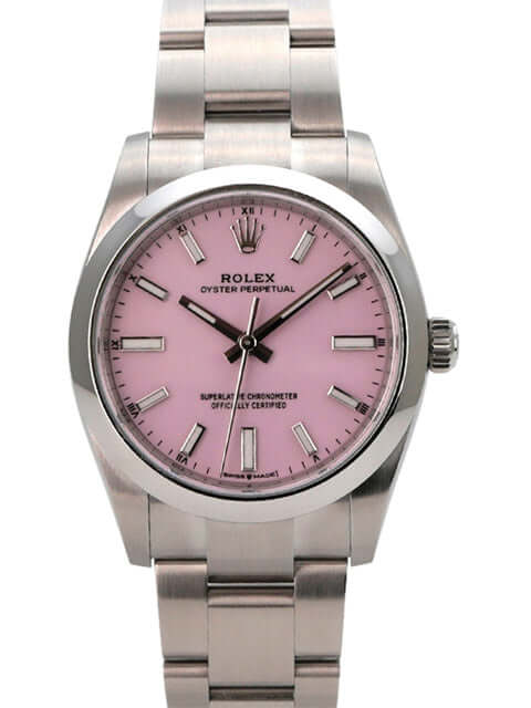 Rolex Oyster Perpetual 34 mm 124200 Candy Pink mit pinkfarbenem Zifferblatt und Edelstahl Armband.