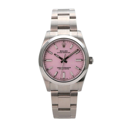 Rolex Oyster Perpetual 34 mm 124200 Candy Pink Uhr mit pinkfarbenem Zifferblatt und Edelstahlband.