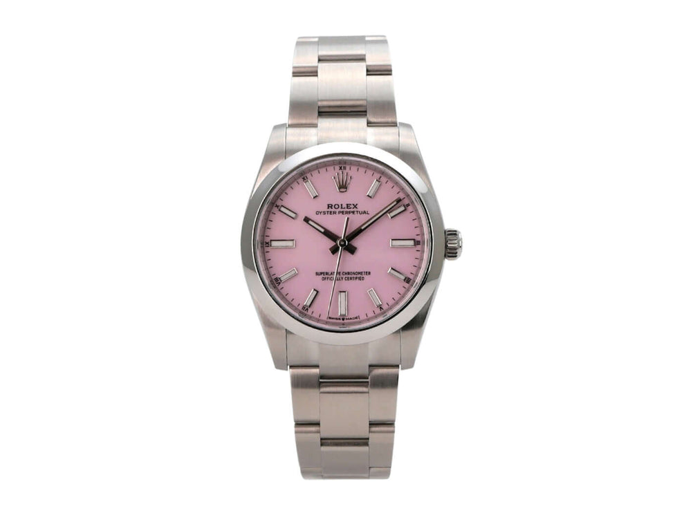 Rolex Oyster Perpetual 34 mm 124200 Candy Pink Uhr mit pinkfarbenem Zifferblatt und Edelstahlband.