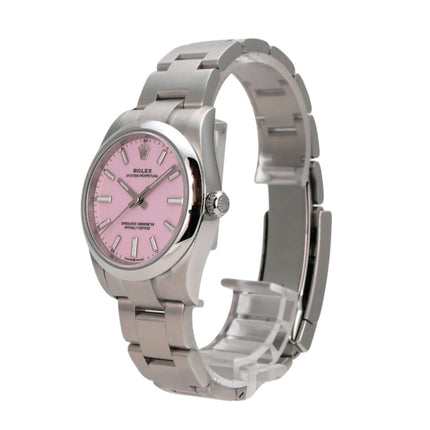 Rolex Oyster Perpetual 34 mm 124200 Candy Pink Damenarmbanduhr mit pinkfarbenem Zifferblatt und Edelstahlband