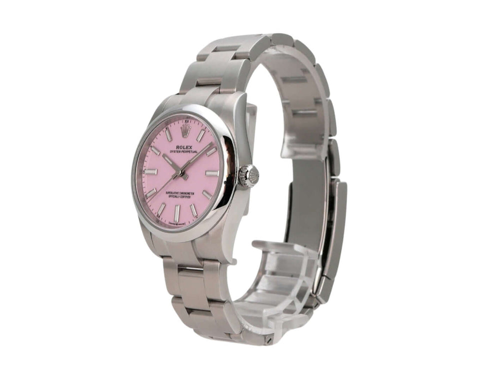 Rolex Oyster Perpetual 34 mm 124200 Candy Pink Damenarmbanduhr mit pinkfarbenem Zifferblatt und Edelstahlband