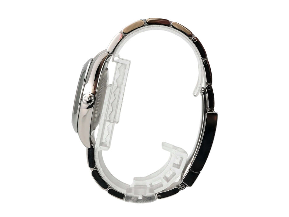 Rolex Oyster Perpetual 34 mm 124200 Candy Pink Uhr, Seitenansicht, Edelstahlarmband, poliert und satiniert.