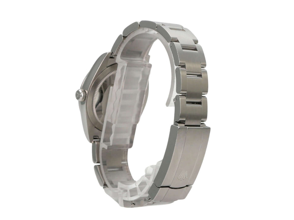 Rolex Oyster Perpetual 34 mm 124200 Candy Pink Uhr Sicht von der Seite mit Edelstahlarmband und poliertem Gehäuse.