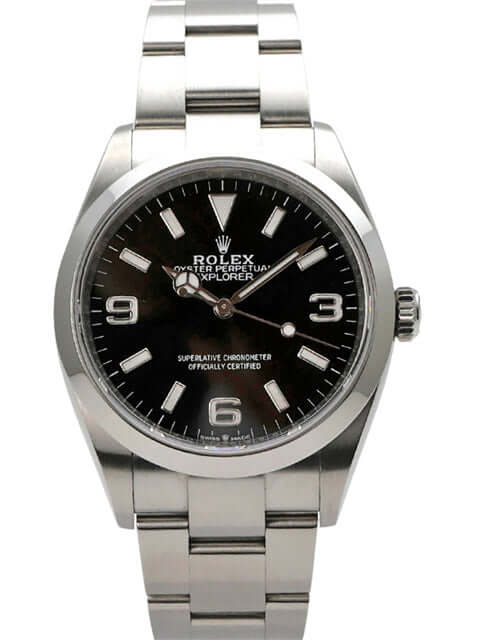 Rolex Explorer 36 Edelstahl Uhr Ref. 124270 mit schwarzem Zifferblatt und poliertem Armband.