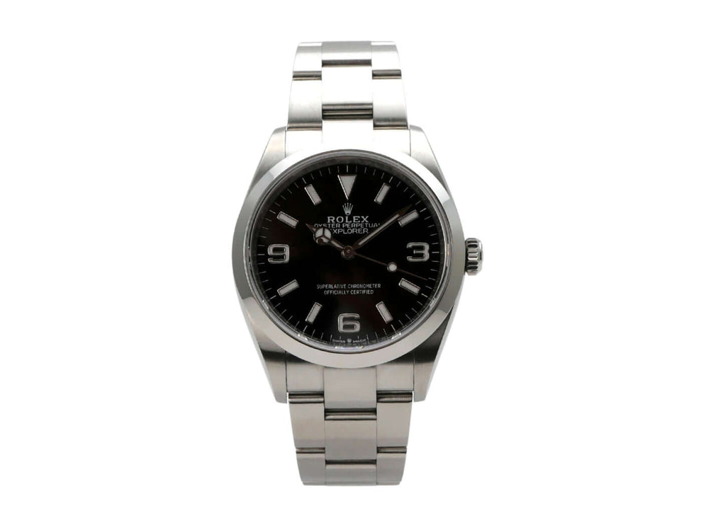 Rolex Explorer 36 Edelstahl 124270, schwarzes Zifferblatt, leuchtende arabische Zahlen, poliertes Armband.