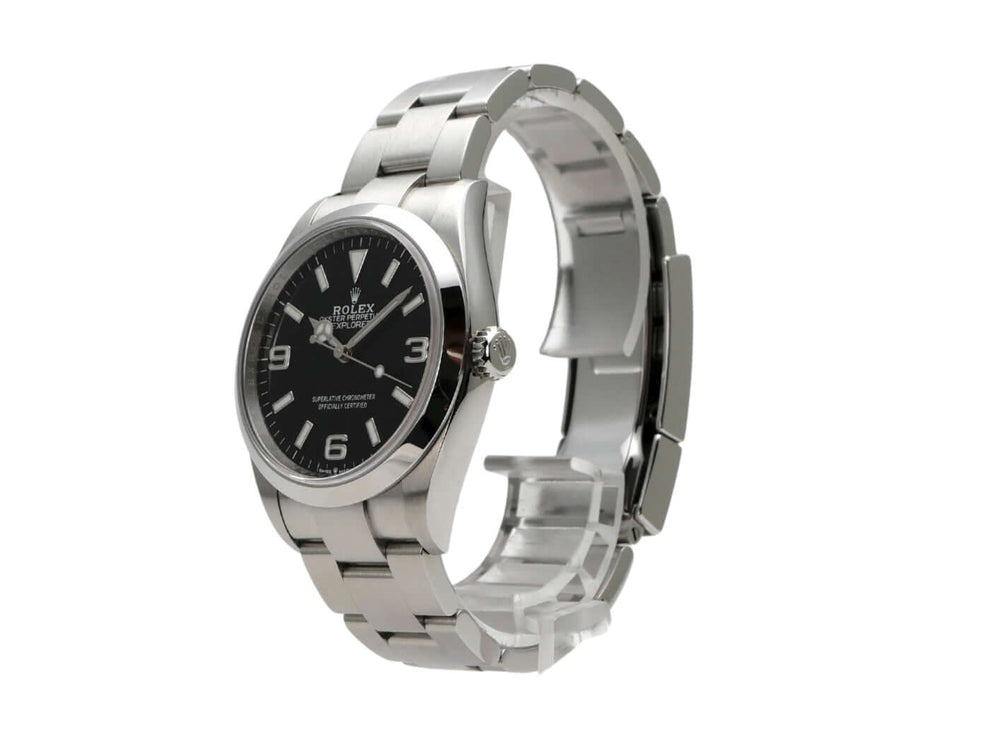 Rolex Explorer 36 Ref. 124270, Edelstahlarmband, schwarzes Zifferblatt, 36 mm Gehäuse, Automatikwerk, 2022 Modell.