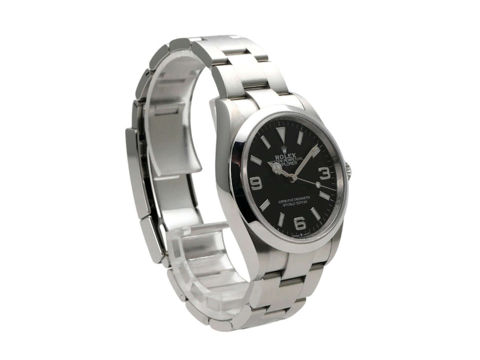 Rolex Explorer 36 Edelstahl Uhr Ref. 124270 mit schwarzem Zifferblatt und Oyster Armband aus Edelstahl.