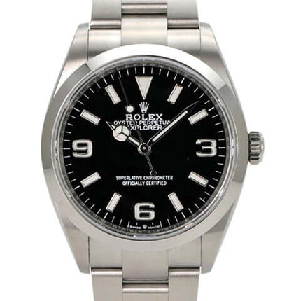 Rolex Explorer 36 Edelstahl 124270 mit schwarzem Zifferblatt und poliertem Edelstahl Gehäuse.