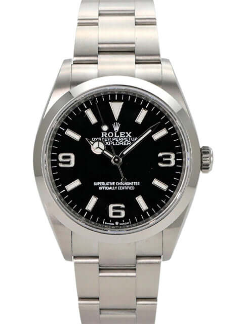 Rolex Explorer 36 Edelstahl 124270 mit schwarzem Zifferblatt und poliertem Edelstahl Gehäuse.