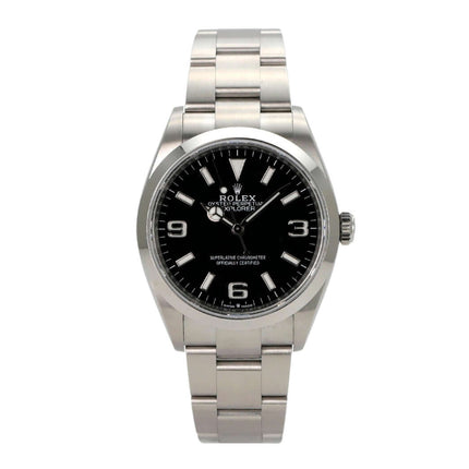 Rolex Explorer 36 Edelstahl 124270 mit schwarzem Zifferblatt und Edelstahlarmband.