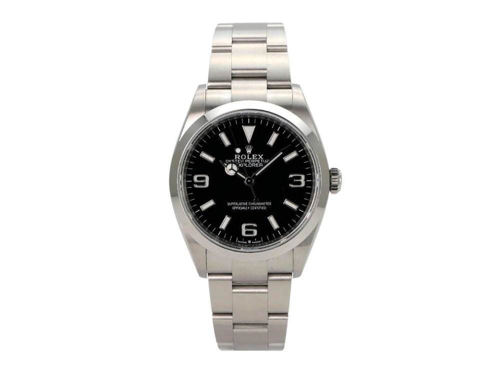 Rolex Explorer 36 Edelstahl 124270 mit schwarzem Zifferblatt und Edelstahlarmband.