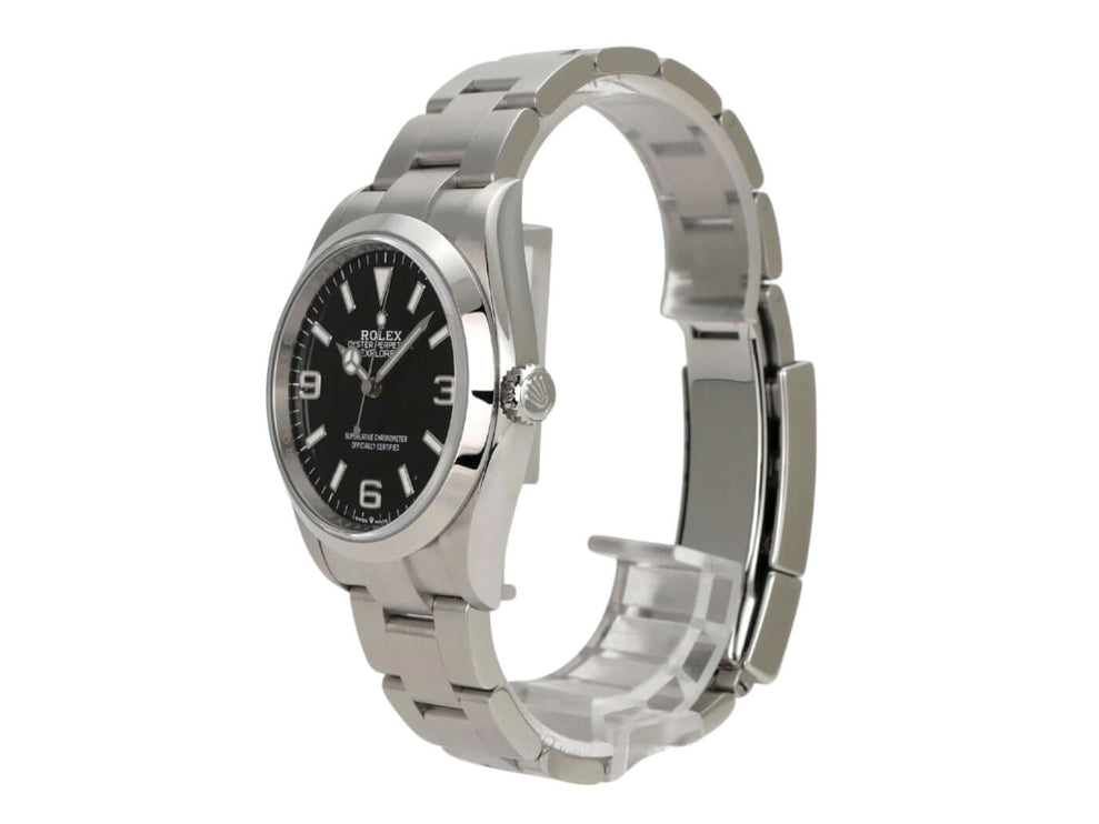 Rolex Explorer 36 Edelstahl 124270 mit schwarzem Zifferblatt und Edelstahlarmband, seitliche Ansicht.