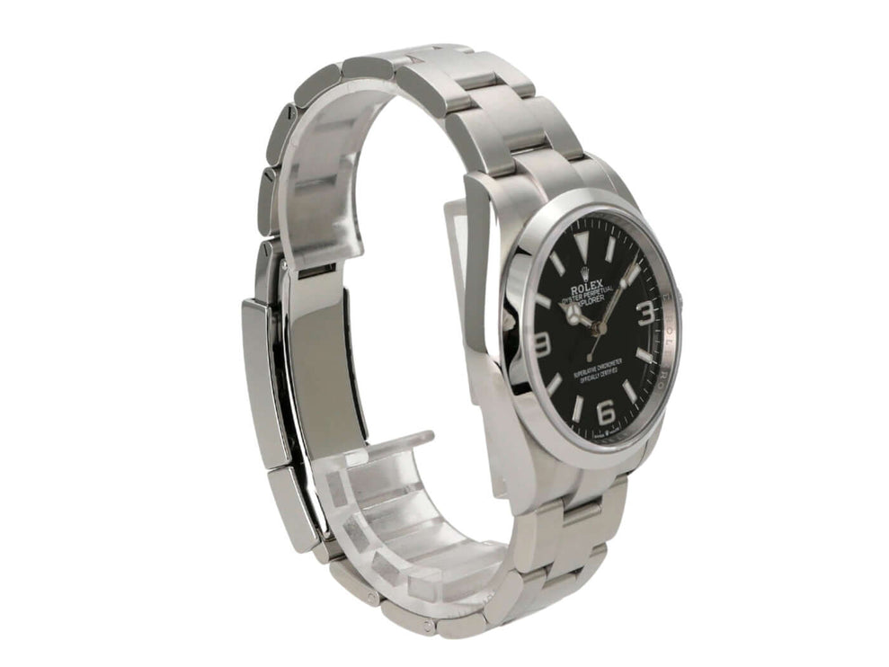 Rolex Explorer 36 Edelstahl 124270, Edelstahlarmband, schwarzes Zifferblatt mit arabischen Ziffern