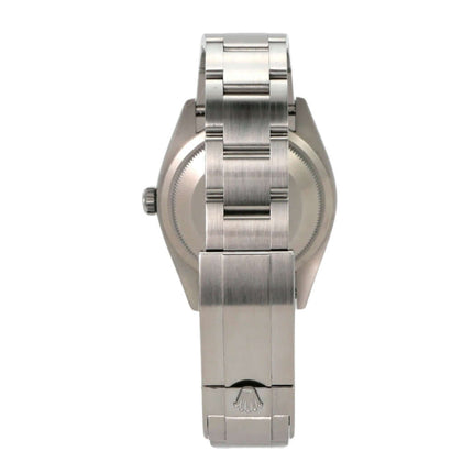 Detailansicht der Rolex Explorer 36 Edelstahl 124270, Gehäuse aus poliertem und satiniertem Edelstahl von hinten.