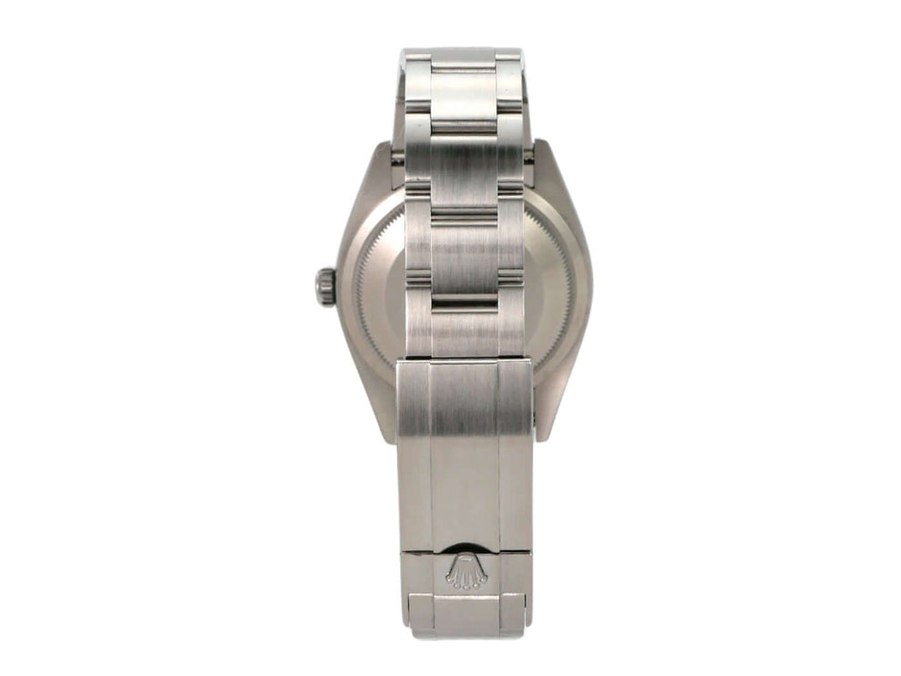 Detailansicht der Rolex Explorer 36 Edelstahl 124270, Gehäuse aus poliertem und satiniertem Edelstahl von hinten.