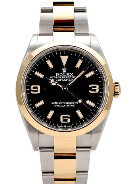 Rolex Explorer 36 Edelstahl Gelbgold 124273 mit schwarzem Zifferblatt und Oyster-Armband