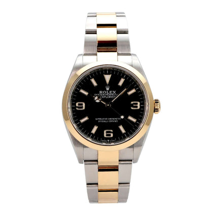 Rolex Explorer 36 Edelstahl Gelbgold 124273 mit schwarzem Zifferblatt, 18 kt Gelbgold-Lünette und Oyster-Armband