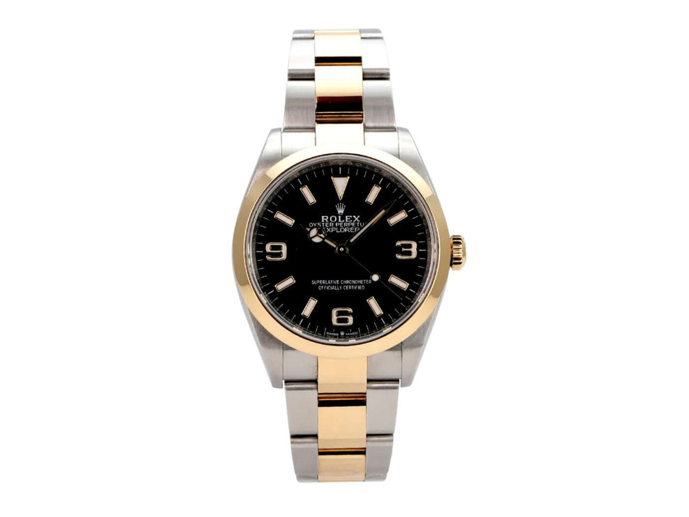 Rolex Explorer 36 Edelstahl Gelbgold 124273 mit schwarzem Zifferblatt, 18 kt Gelbgold-Lünette und Oyster-Armband